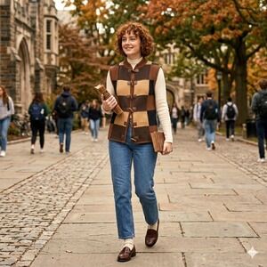Vintage Patchwork Toggle Sweater Vest Brown Dark Academia Poetcore Women L